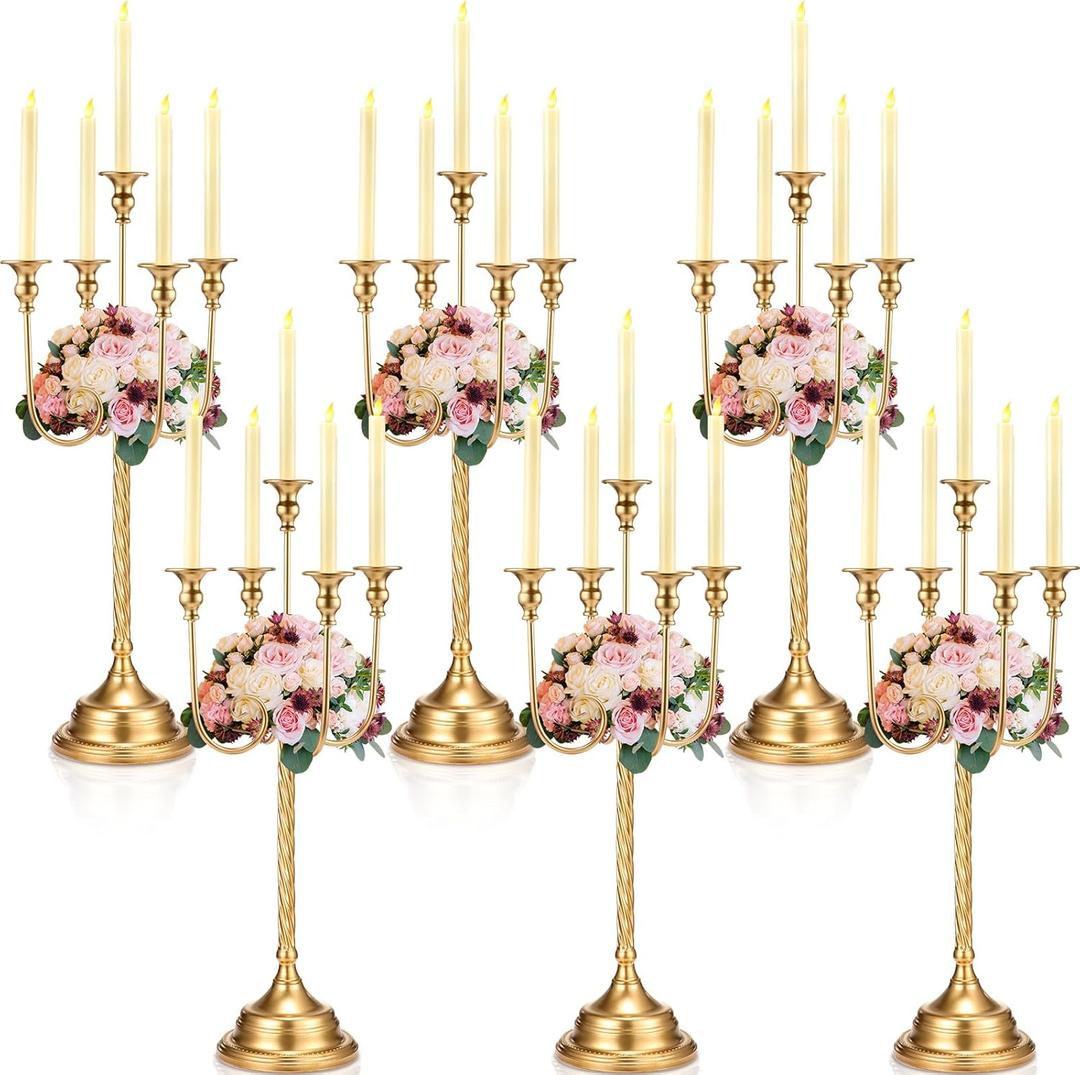 Rtteri 6 Pcs Gold Candelabra Candlestick Holder Metal Candle Stand Candelabra for Taper Candles Table Centerpieces Wedding Christmas Holiday Birthday Party (12.2 x 12.2 x 26.4 Inch,5 Arm)