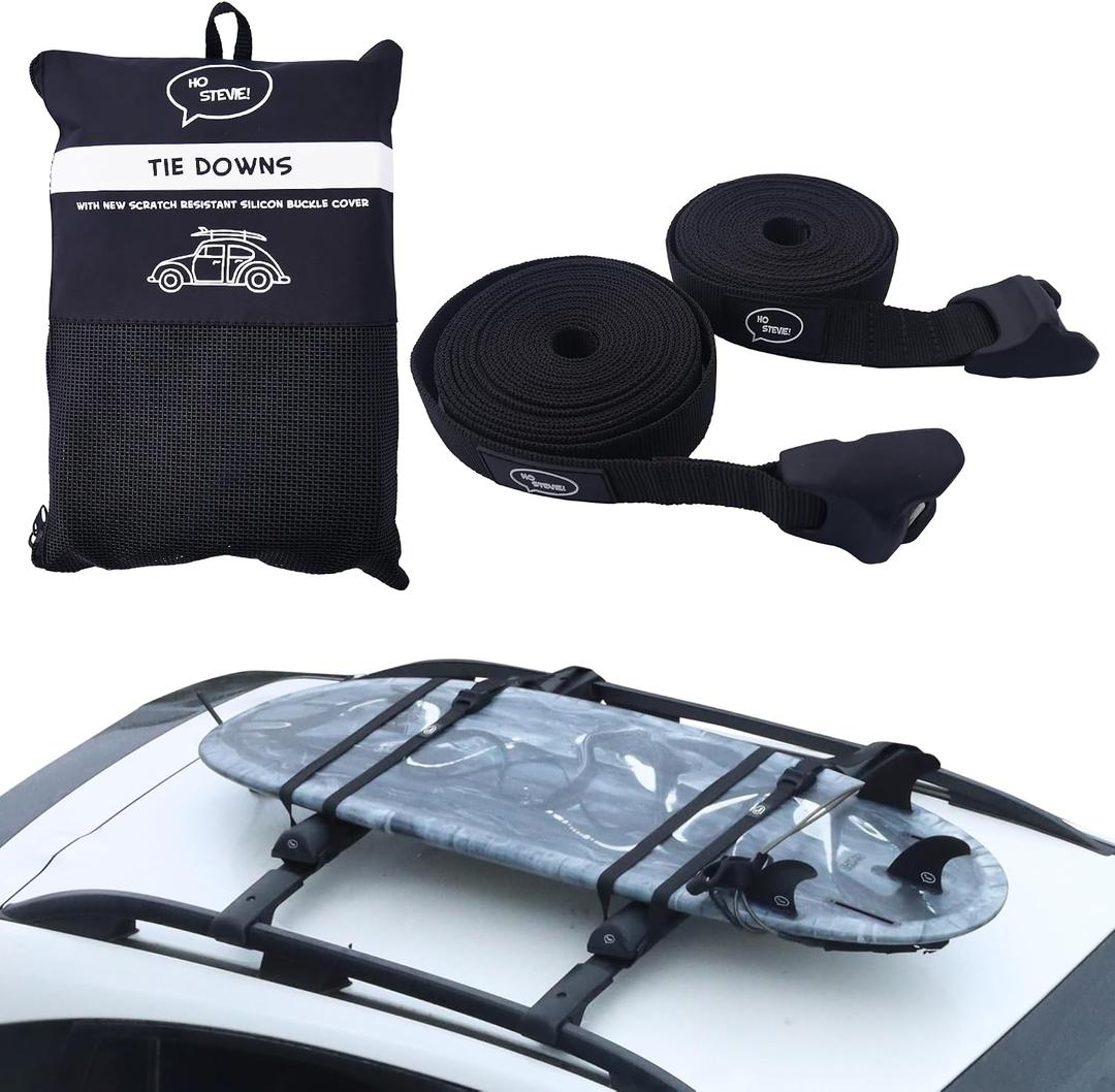Ho Stevie! Surfboard Tie Down Straps (Pair) for Roof Rack Crossbars - Easy to Use - 'No Scratch' Silicone Buckle Covers Prevent Damage