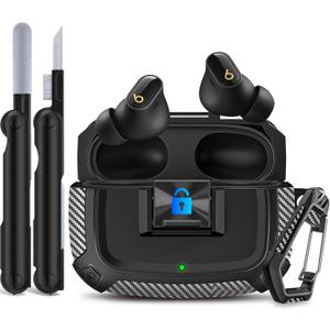 Sucure Lock Case for Beats Studio Buds/Buds Plus Locking Case Cover with Lock Clip & Cleaner Kit Pen, Buds + 2023 Impact and Smudge Resistant Case Cover with Men Women (Black)
