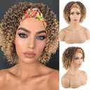 Aisaide Headband Wigs for Black Women Synthetic Short Kinky Curly Afro Golden Wig with Headband Attached Scarf Wigs Deep Curly Non-Lace Front Wig Head Wrap Wig 2 in 1 Synthetic Curly Hair Wigs