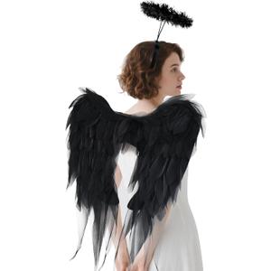 Angel Wings and Halo Headband for Women Adults Girls - Chiffon Fairy Wings, Costume for Halloween Christmas Party Cosplay (Medium, Black)