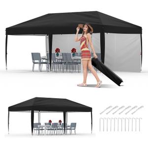 10x20 Pop Up Canopy with 2 Sidewalls - Heavy Duty Outdoor Canopy Tent with Portable Roller Bag - 3 Adjustable Height, 4 Weight Bags, 8 Stakes & 6 Guy Ropes Included, Black