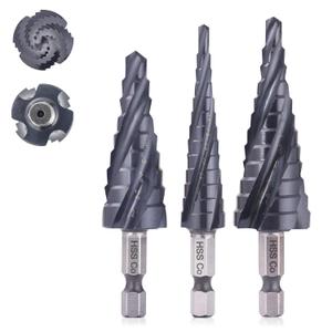 ROGAPER M35 Four Spiral Flute Cobalt Step Drill Bit Set 1/8"-7/8", Industrial Grade Wear-Resistant TiAlN Coated 1/4" Hex Shank Step Bit for Metal, Stainless Steel, Aluminum, Wood, Plastic (3pcs)