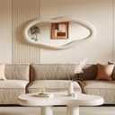 Honyee 55" x 24" Wall Mirror, Flannel Wrapped Wooden Frame Wavy Mirror, Irregular Mirror Hanging for Cloakroom/Bedroom/Living Room, Ivory White
