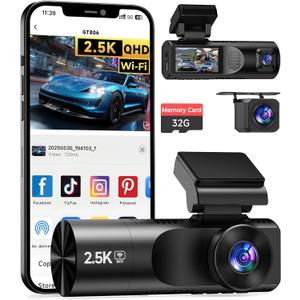 Dash Cam Front and Rear, 2.5K+1080P+1080P 3 Channel Dash Cam with 32GB Card, Wi-Fi Dash Camera for Cars, G-Sensor, Night Vision, 24H Parking, Loop Recording, 1.97IPS, Support 256GB (Black)