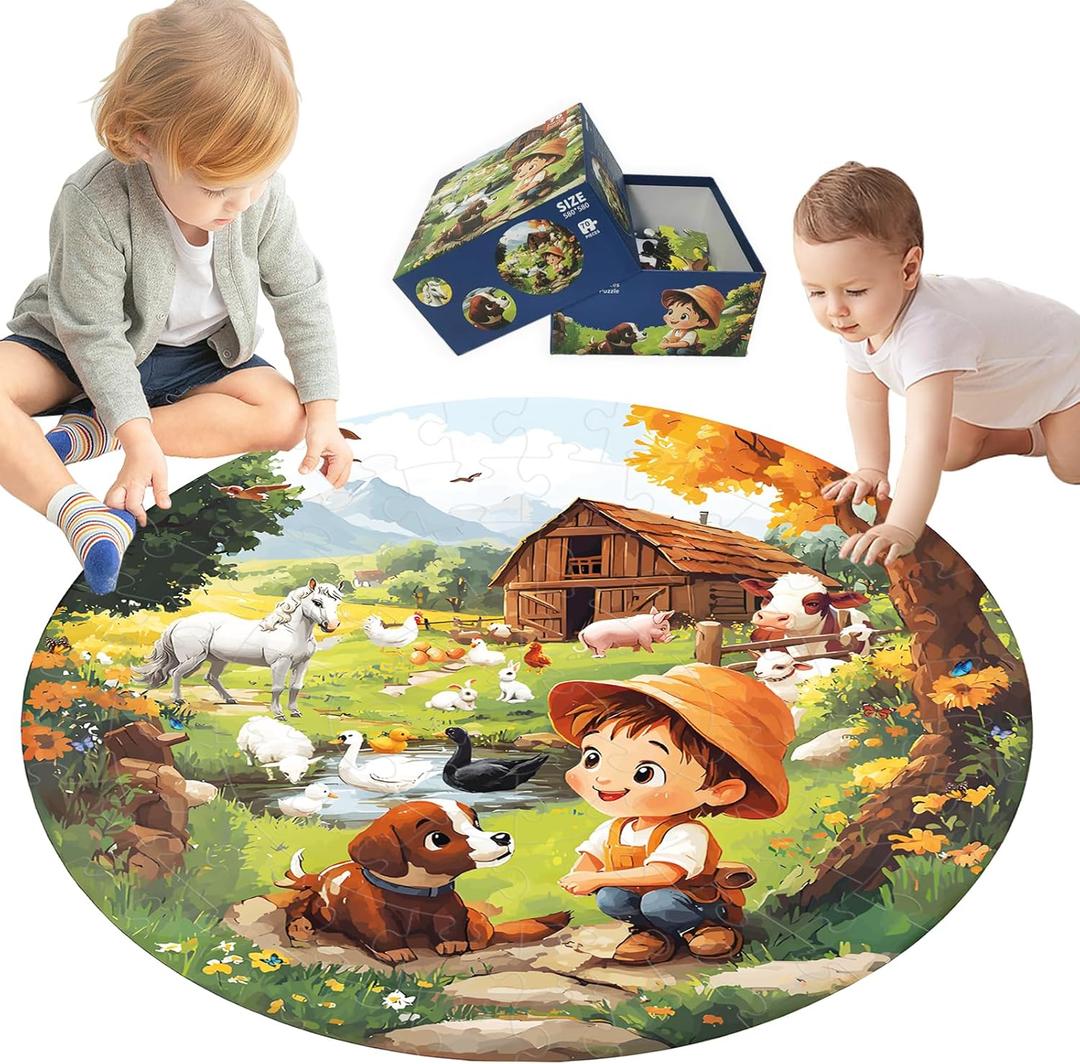Floor Puzzle for Kids Ages - 70 Piece Large Farm Themed Round Floor Puzzle for Kids Ages 3-8 Years Old, Toddler Preschool Farm Educational Toy Gift