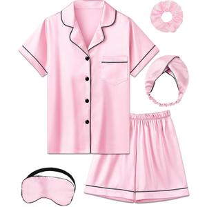 Kids Girl Pajama Set with Headband Blindfold Hair Tie Toddler Boy Girl Satin Silky Button-up Pajama Sleepwear (9-10 Years, Pink-short)