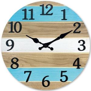 Round Farmhouse Clocks Battery Operated 24 Inch Oversized Wall Clock for Office Wood Solid Blue Silent Wall Clock Non Ticking