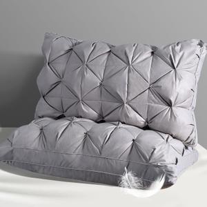 QUTOOL Luxury Hotel Goose Feather Pillow, 100% Cotton, Soft Support Pillow, Suitable for Sleepers on The Back, Sides, and Stomach, Set of 2 Queen Size Bed Pillows (16" x 28"), Gray (Grey)