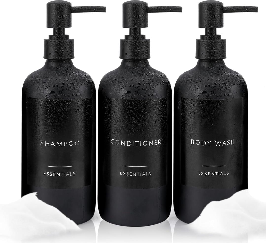 Nellyke Shampoo and Conditioner Dispenser Bottles Set, Modern Black 21oz Refillable Shower Soap Dispenser with Black Pump, Body Wash Dispenser for Shower Bathroom Kitchen,3 Pack