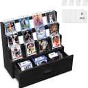 Emfogo Trading Card Display, 3-Tier Card Display Case with Custom Drawer, Wood Graded Card Display with Supporters and Dividers, Sports Card Display Case for Collection (Black)