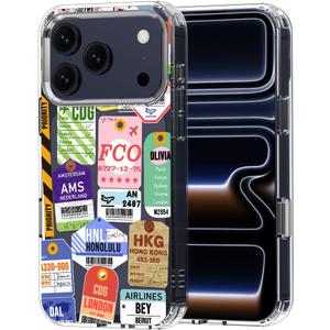 MOSNOVO for iPhone 17 Pro Case | Military Grade 6.6ft Drop Tested | Camera Control | Clear with Air Ticket Labels Design