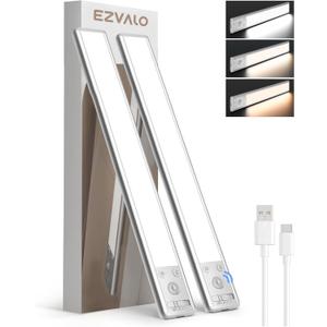 EZVALO 134 LED Under Cabinet Lights, 3200mAh Rechargeable Motion Sensor Light Indoor, Dimmable Magnetic Closet Lights with 3 Color Temps, Wireless Under Counter Lights for Kitchen, Stair (2 Pack) (14.5 inch, Silver)
