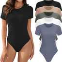 5 Pack Body Suits for Womens Short Sleeve Round Neck Casual Stretchy Basic T Shirt Bodysuit Tops S