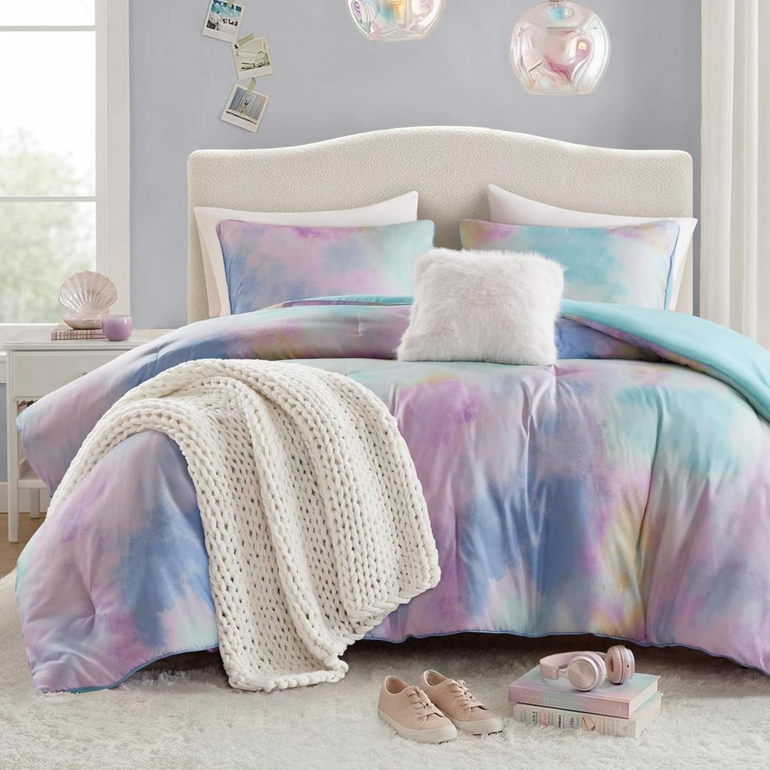 Intelligent Design Queen/Full Size Comforter Set, Watercolor Queen Bedding Sets, Tie Dye Comforter Set for Teen Girl & Boys, 4 Pieces Cassiopeia Comforter, Sham, Throw Pillow Full/Queen Pink/Blue