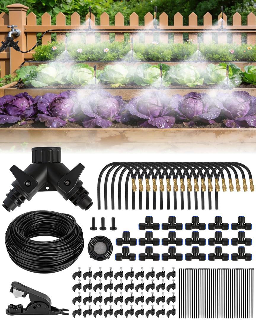 120FT Drip Irrigation System for Garden with 18 Nozzles 360 Adjustable Misting Nozzles, Quick-Connect Design, Ideal for Raised Beds, Lawns, Greenhouses & Outdoor Cooling