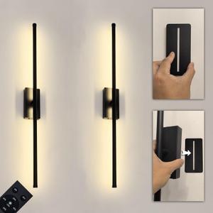 Easy Install Peel and Stick on Battery Operated Wall Sconces Set of 2 Rechargeable, Magnetic Linear Wall Sconce Wireless Long Picture Vanity Wall Light for Living Room Bedroom (2 Pack, 28.3'', Black)