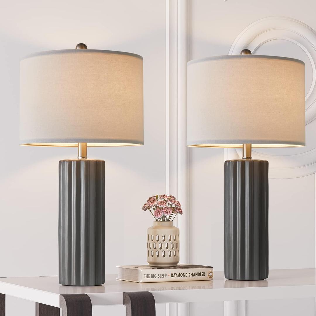 Oneach 25'' Farmhouse Ceramic Table Lamp Set of 2 for Bedroom Living Room House Decor Deep Charcoal Grey Desk Lamps Home Office Dorm Rustic Modern Style Lamp (Gray)