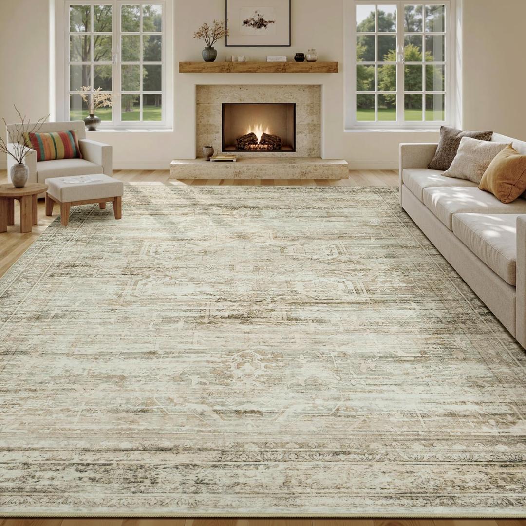 Large Area Rugs 9x12 Living Room, Washable Soft Faux Wool Carpet for Bedroom Dining Room, Neutral Vintage Distressed Non Slip Stain Resistant Beige Rug for Office Decor