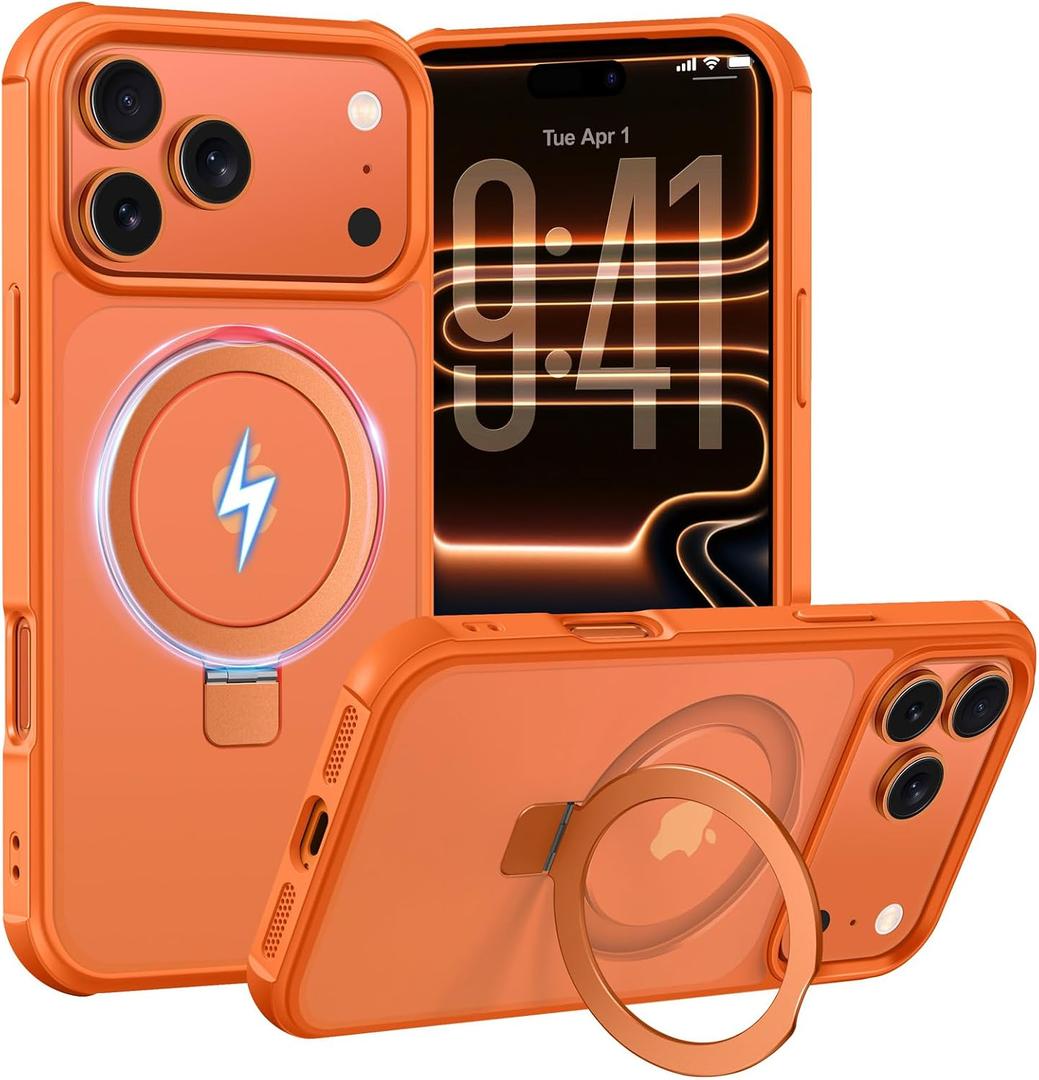 Magnetic Ring Stand Case for iPhone 17 Pro, Orange | 120° Opening Angle, N52 Magnetic Grip, Full Drop Protection—Hands-Free Stand for Video Calls and More