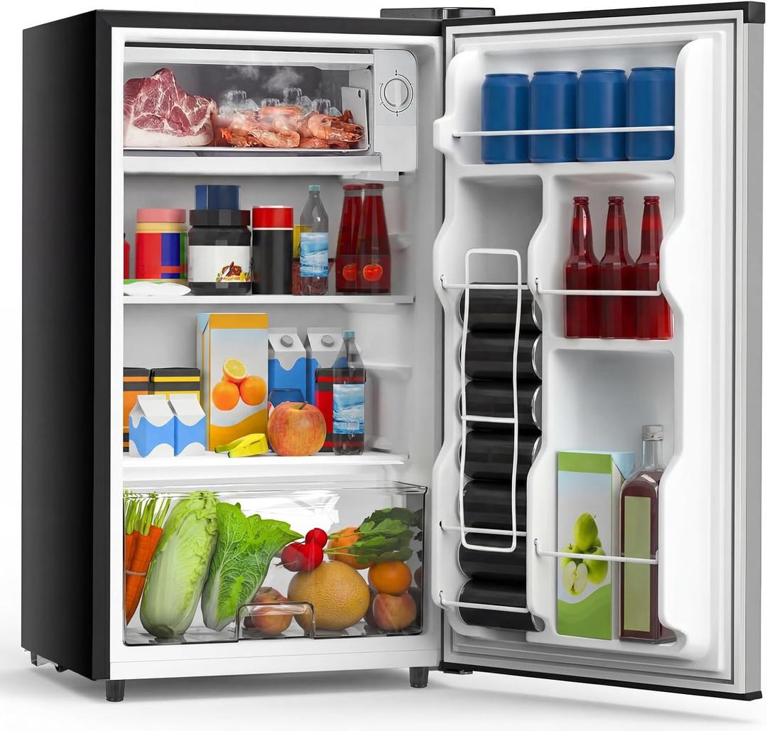 OLIXIS 3.2 Cu.Ft Mini Fridge with Freezer, Single Door Compact Refrigerator | Adjustable Thermostat, 5-Level Thermostat, for Bedroom Office Dorm, LED Interior Light, Sliver, 17.72"*17.72"*31.1"