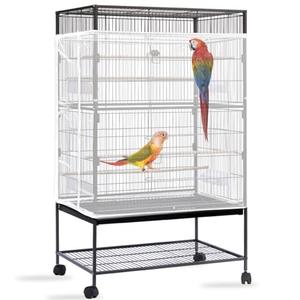 Daoeny Bird Cage Seed Catcher, Large Bird Cage Cover, Adjustable Soft Airy Nylon Mesh Net, Birdcage Cover Skirt Seed Guard for Parrot Parakeet Macaw African Round Square Cages (White)