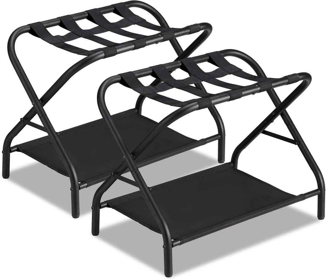 Luggage Rack Set of 2, Foldable Suitcase Stand with Fabric Storage Shelf Easy Assemble Metal Luggage Holder with Straps for Guest Room Bedroom Hotel, Black