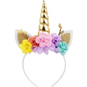 Nishine Unicorn Horn Floral Headband Glitter Ears Pony Head Bands Tiara for Girls Party Birthday Cosplay (Gold&pink)