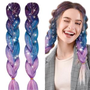 Braiding Hair Extension with Tinsel, Purple Hair Extensions Synthetic Colored Braiding 3 Tone for Girls Women,Box Braids Twist 24 Inch (Dark Ppurple - Light Purple Gradient)