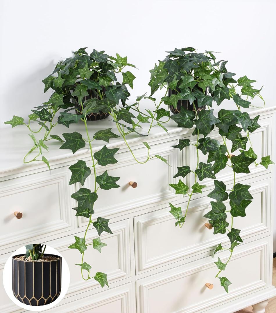 Fake Plants 2Pcs Faux Ivy Plants Potted Indoor Artificial Hanging Plants Realistic Hanging Fake Greenery Table Desk Bathroom Office Bedroom Living Room Shelf Modern Farmhouse Decor Intdoor