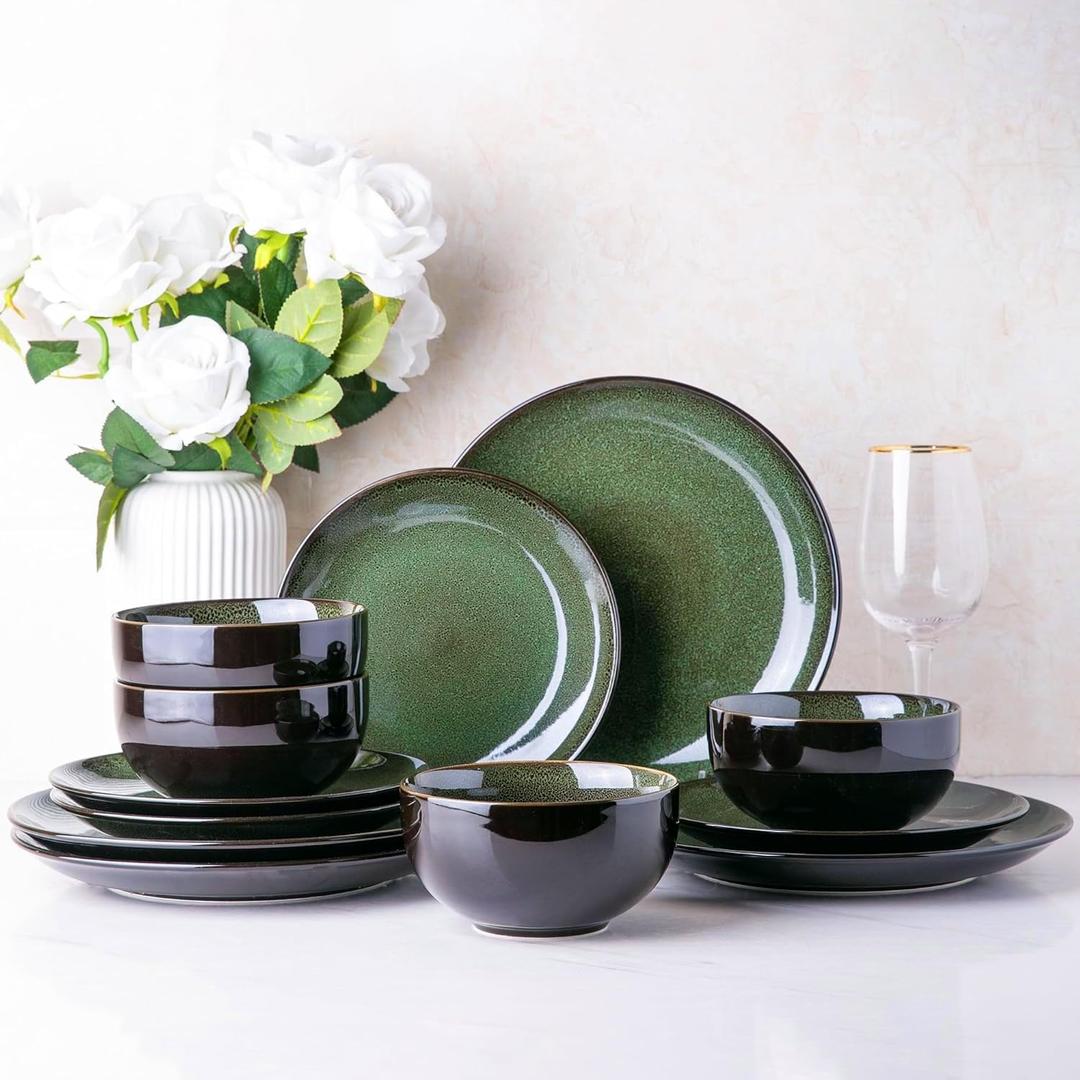 LERATIO Ceramic Dinnerware Sets for 4,Handcraft Stoneware Plates and Bowls Sets,Highly Chip and Crack Resistant | Dishwasher & Microwave & Oven Safe Dishes set,Reactive Glaze Dinnerware- Service for 4 (Dreamy Moonlight-Green)