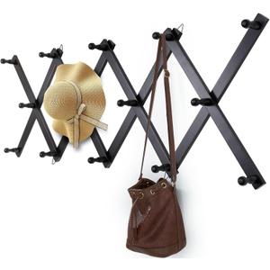 Wall Rack with 14 Hooks, Wooden Wall Expandable Coat Rack for Coat, Hats, Baseball Caps, Coffee Mug, Jewelry(Black)