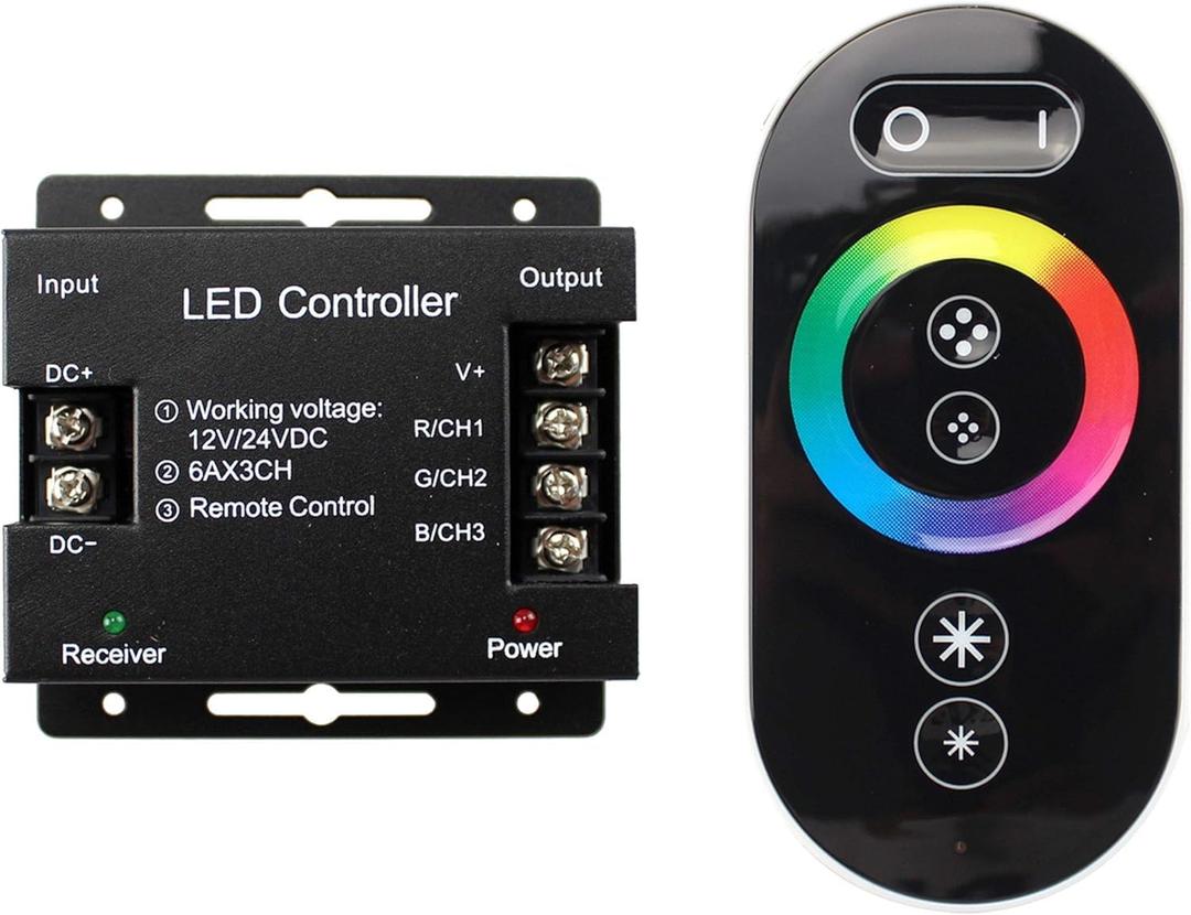 RGB LED Dimmer Switch, Dimmer Switch with RF Dimmable Slide Remote Controller PWM DC 12V-24V 18A Switch Dimmer Remote Control for RGB LED Strip Light