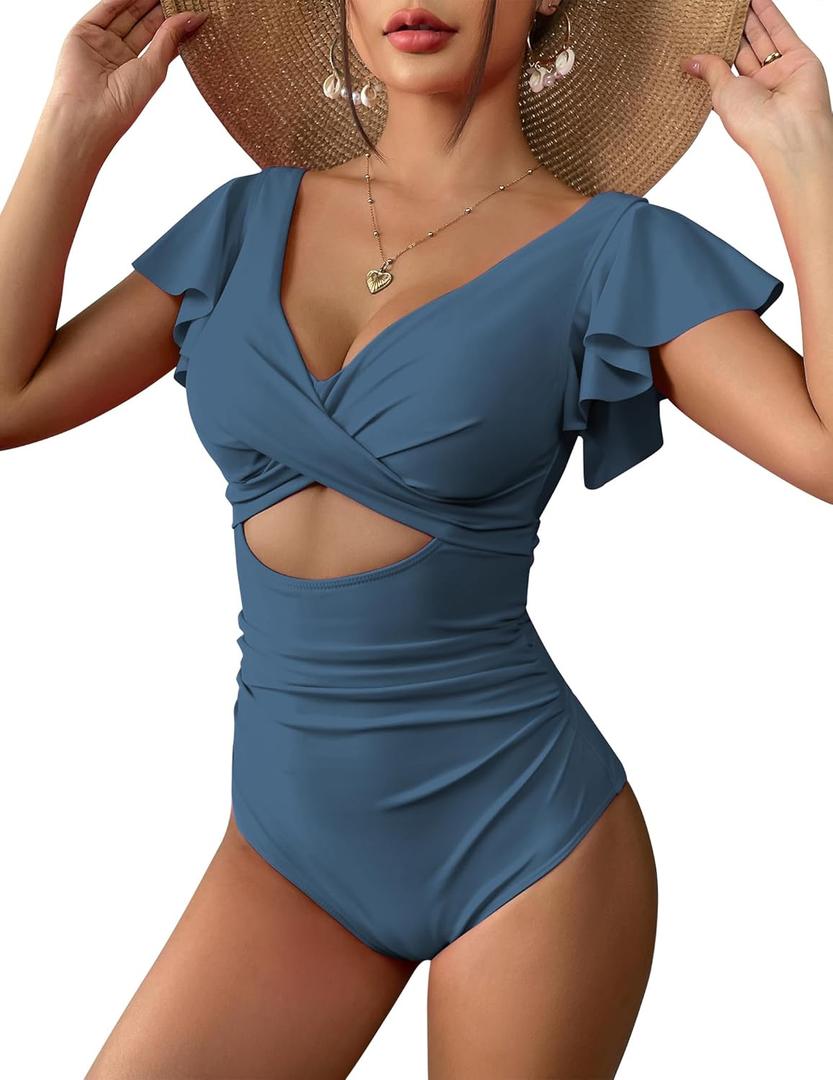 AI'MAGE Women's Ruffle One Piece Swimsuit V Neck Tummy Control Bathing Suits Cutout Backless Swimwear (Large, Blue)