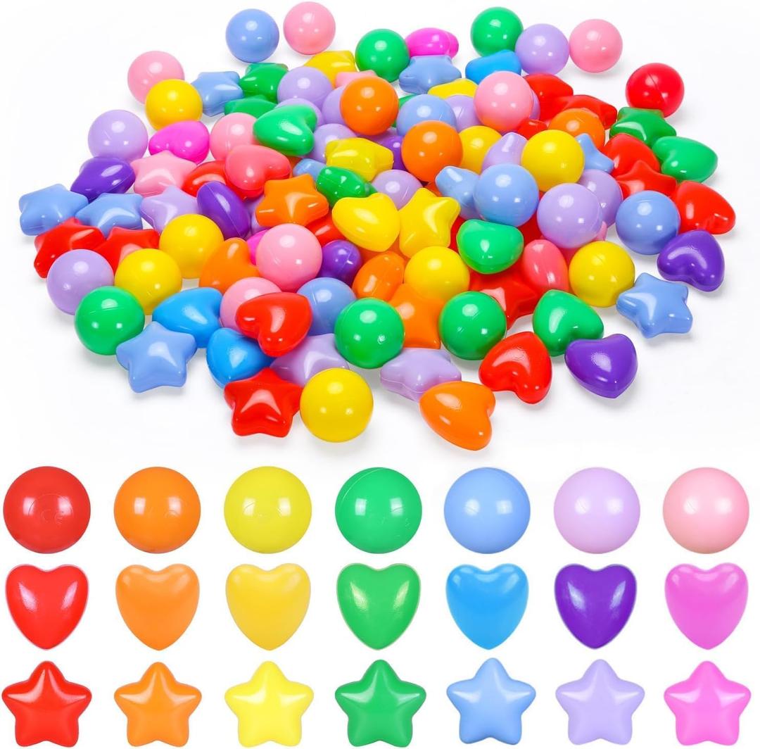 Ball Pit Balls Pack of 100 200 500 - Star and Round Set BPA Free Phthalate Free Non-Toxic Crush Proof Play Balls Soft Plastic Balls for Toddlers Baby Kids Birthday Pool Tent Party (7colors)