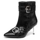 NEWBELLA Women's Faux Leather Ankle Boots - Fashion Stiletto Heel Short Boots with Metal Buckle Decoration, Edgy Chic Booties for Night Out & Parties, Black 7.5