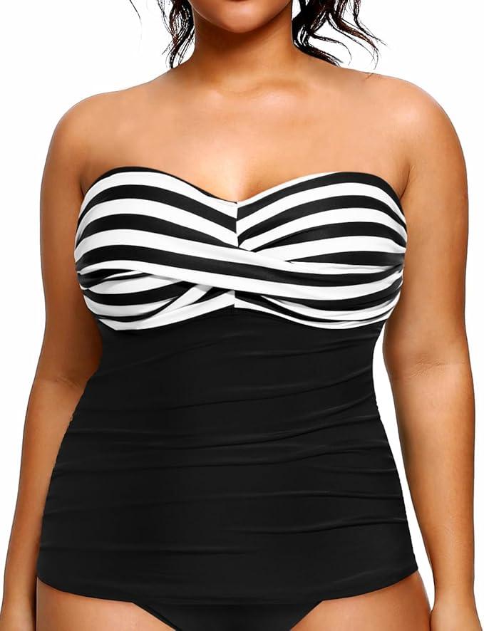 Aqua Eve Plus Size Tankini Top Only Bandeau Swim Top Strapless Swimsuit Top Black and White Stripe 20W