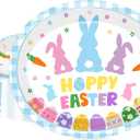 QZYL 50 Pcs Oval Easter Paper Plates, 12.2 X10.2 Inch Large Disposable Party Plates with Bunny Egg and Blue Plaid Pattern, Spring Tableware for Easter Decorations Holiday Gathering Party Supplies