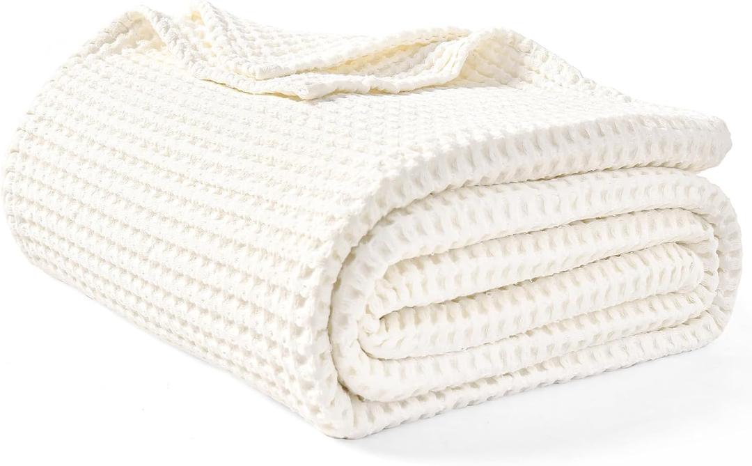 PHF 400GSM 100% Washed Cotton Waffle Weave Blanket, Cozy Breathable Skin-Friendly Throw Queen Size for All Season, Luxury Fall Layer for Couch Bed Sofa, Elegant Home Decor, Coconut White,90"x90"