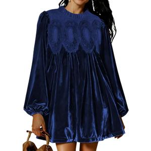 Womens A-Line Velvet Lace Overall Pleated Swing Babydoll Casual Skirtall Scallop Neck Flared Wedding Mini Dress, XL