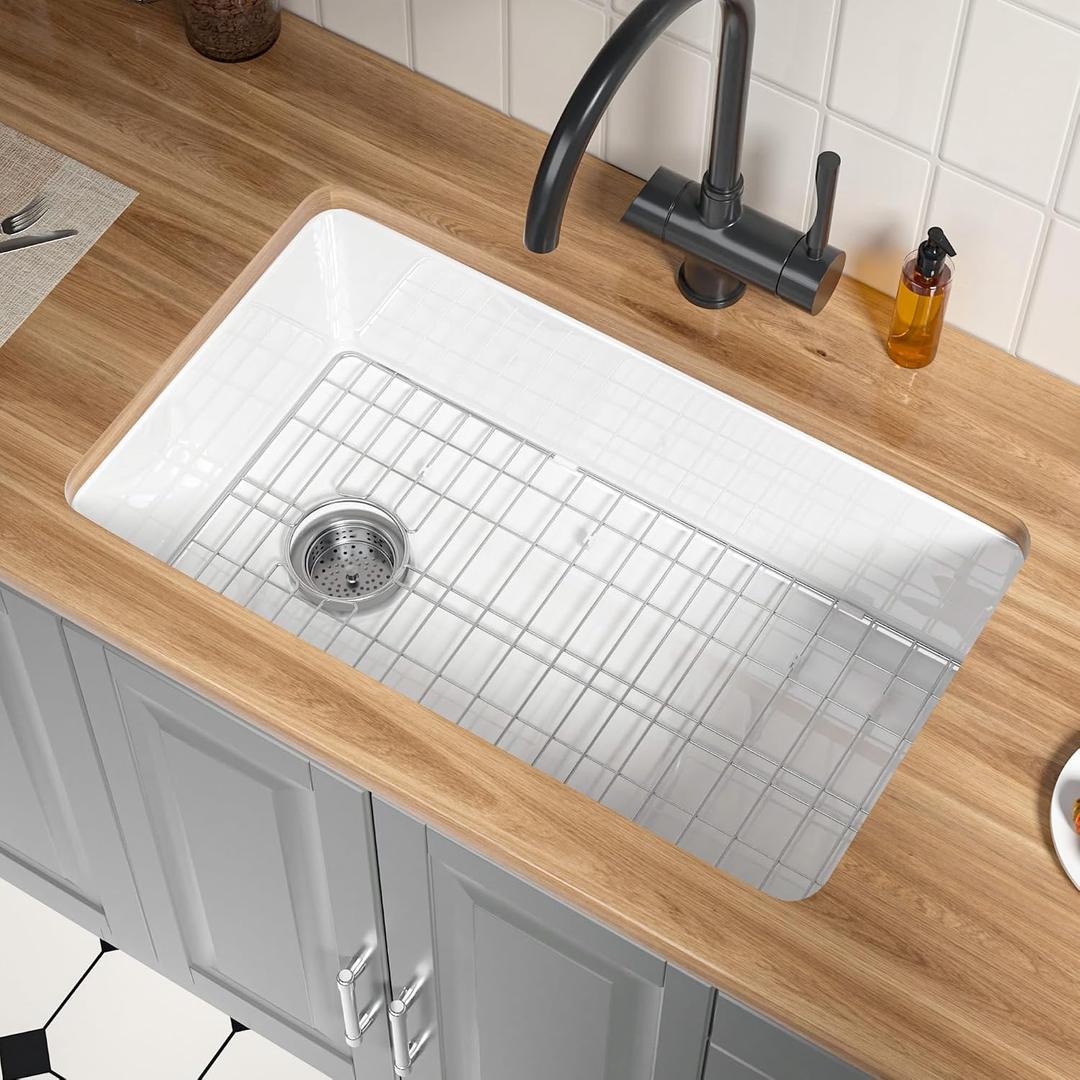 32 Inch White Fireclay Undermount Kitchen Sink Offset Drain, 32"x19"x10"