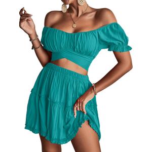 LYANER Women's 2 Piece Outfits Floral Off Shoulder Tie Up Crop Top and Mini Skirt Set (Lake Blue), S