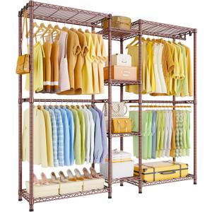 Ulif E4 Clothes Rack, Heavy-Duty Garment Rack, Metal Freestanding Clothing Organization Storage System Can Be L-Shaped with Shelves and Hangers, Max Load 962lbs, 71.6" W x 14.5" D x 79.3" H, Bronze