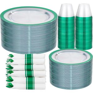 I00000 350 Pcs Green Plastic Plates-Clear Dinnerware Set for St. Patrick's Day Spring Decor,Include 100 Dinner and Dessert Plates,50 Plastic Cups 9 OZ,50 Per Rolled Napkins with Cutlery