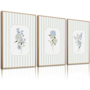 Blue Hydrangea Wall Art Floral Canvas Prints Sage Green Striped Wall Decor Botanical Pictures Chinoiserie Flower Painting Watercolor Poster Wildflower Artwork for Living Room 12x16x3 Inch Unframed