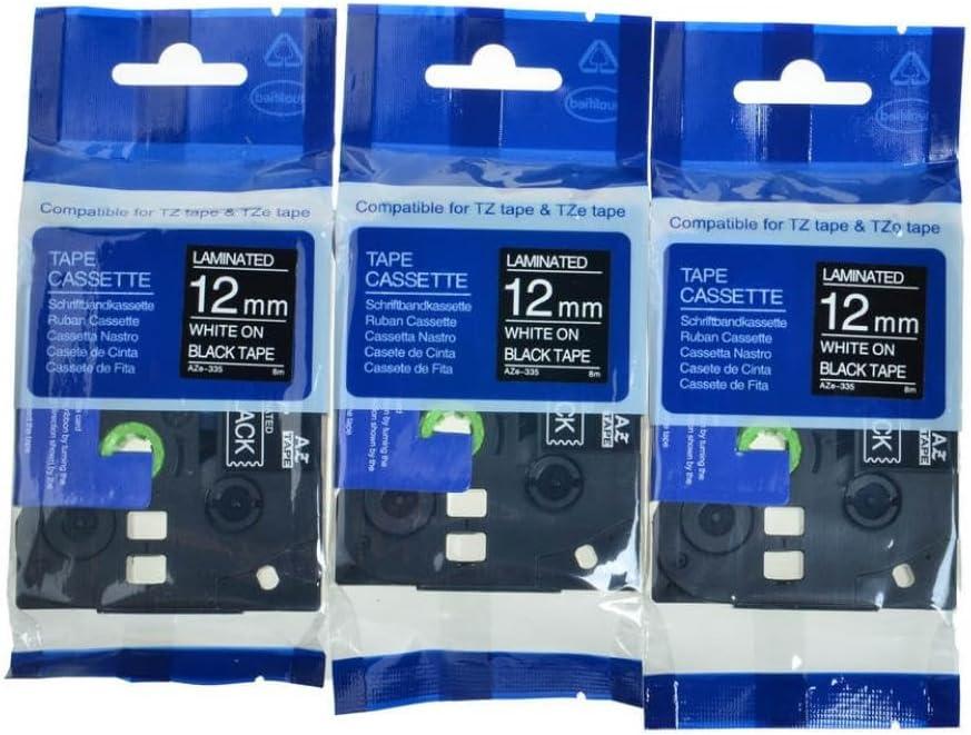 Label Tape White On Black Compatible with 12mm Tze-335 Standard Laminated Labeling for Label Printers (3Pcs AZE-335)