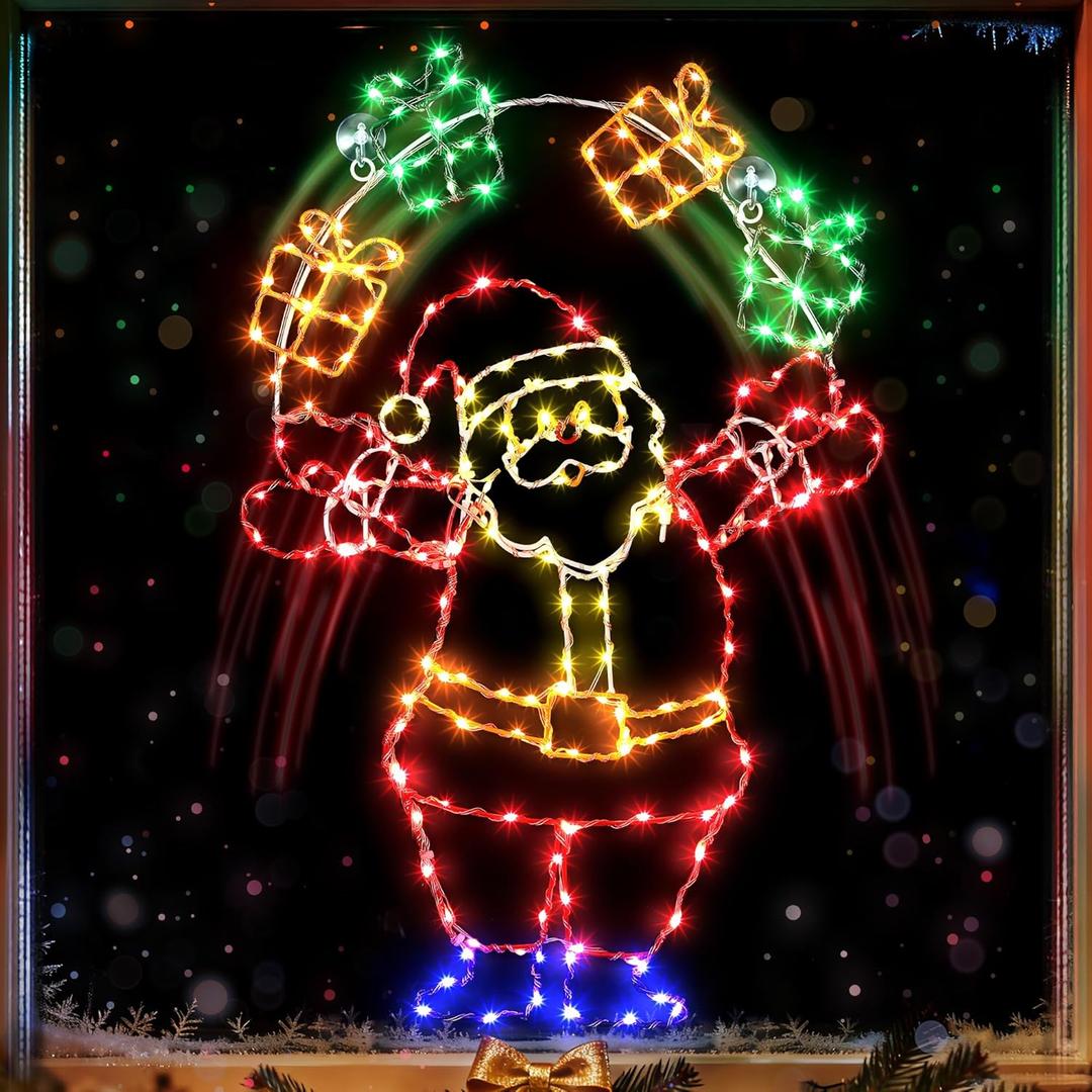 Christmas Window Decorations Lights, 24" Large Animated Light up Window Silhouette Lights for Indoor Home New Year Festival Holiday Decor(Juggling Santa)