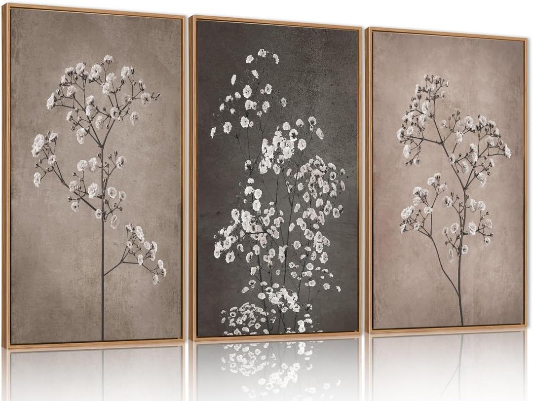 FWIEXA Neutral Floral Wall Art of 3, Framed Beige Botanical Canvas Prints, Minimalist Wildflower Wall Decor, Large Modern Plant Painting, 24x36 Inches Artwork for Living Room, Bedroom, Office, Home