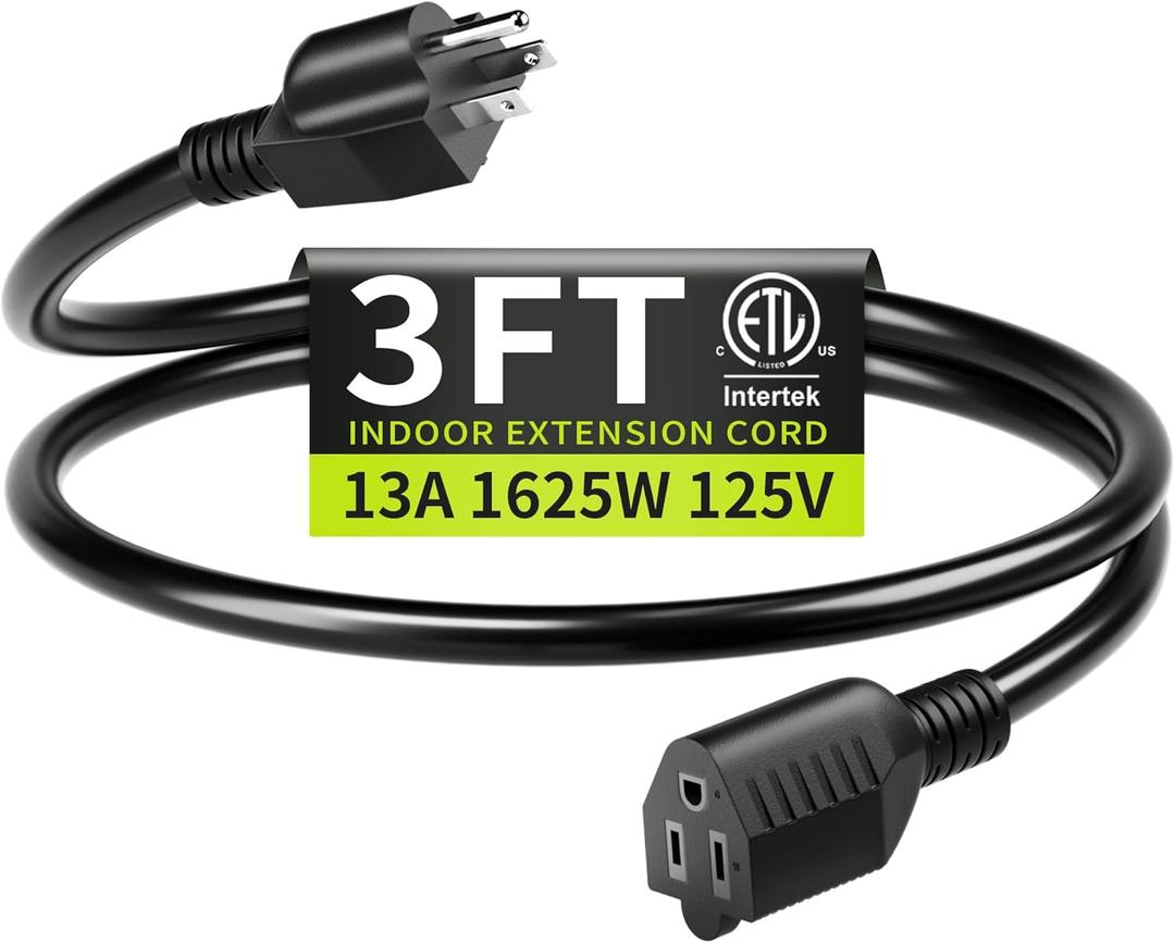 16/3 3FT 13A 125V 1625W, Black Indoor Extension Cord, Short Extension Cord for Laptops, Coffee Makers, Office Home Appliances, 3 Prong Small Resistant Cable Flexible, ETL Listed
