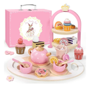 Wooden Tea Party Set for Little Girls, Toddler Girl Gifts Princess Tea Time Toys, Wooden Tea Set Tray Cake Dessert, Kids Kitchen Pretend Play, Birthday for Girls Age 2-5 Years Old, A. Pink Polka Tea